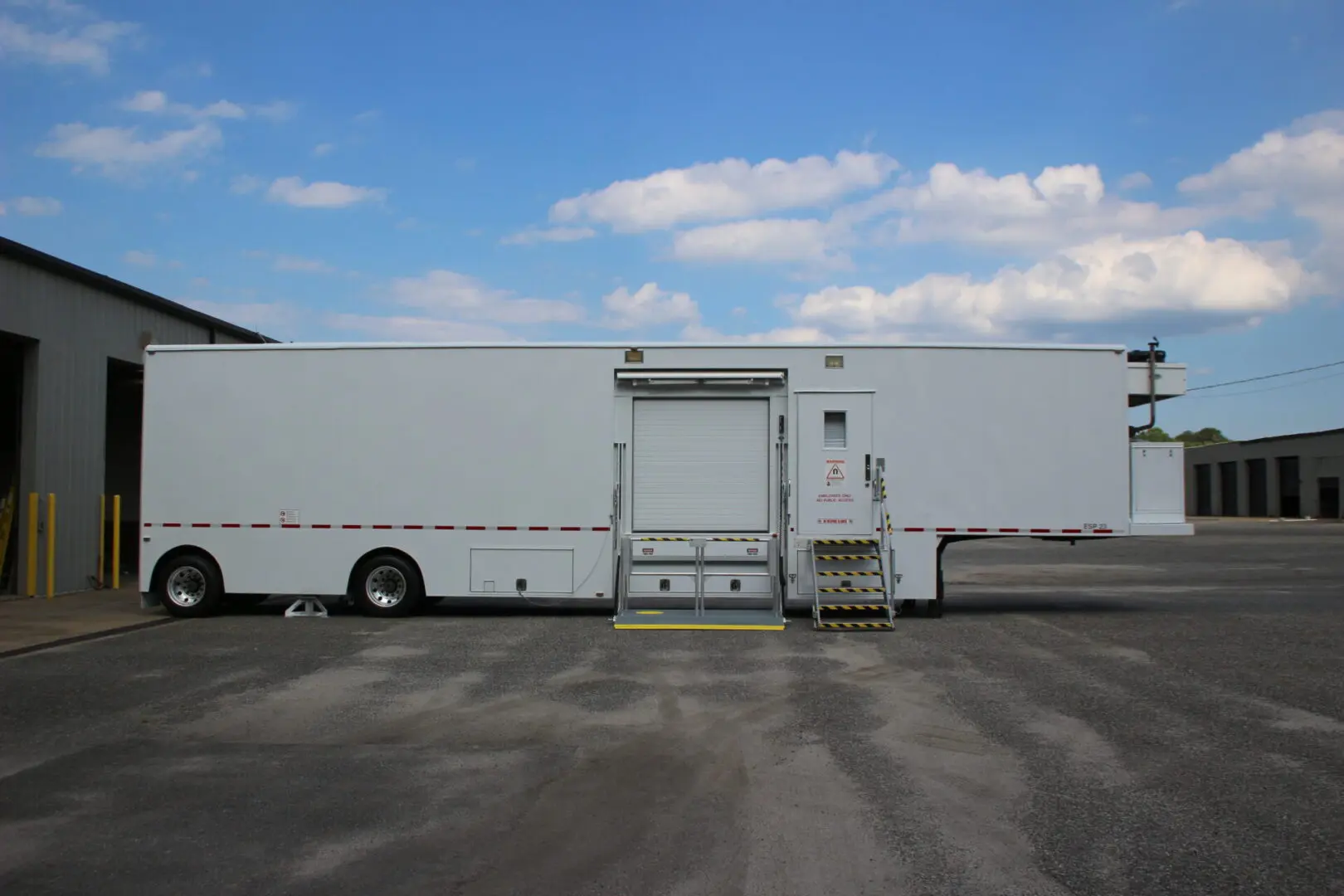 A large white truck parked in the parking lot.